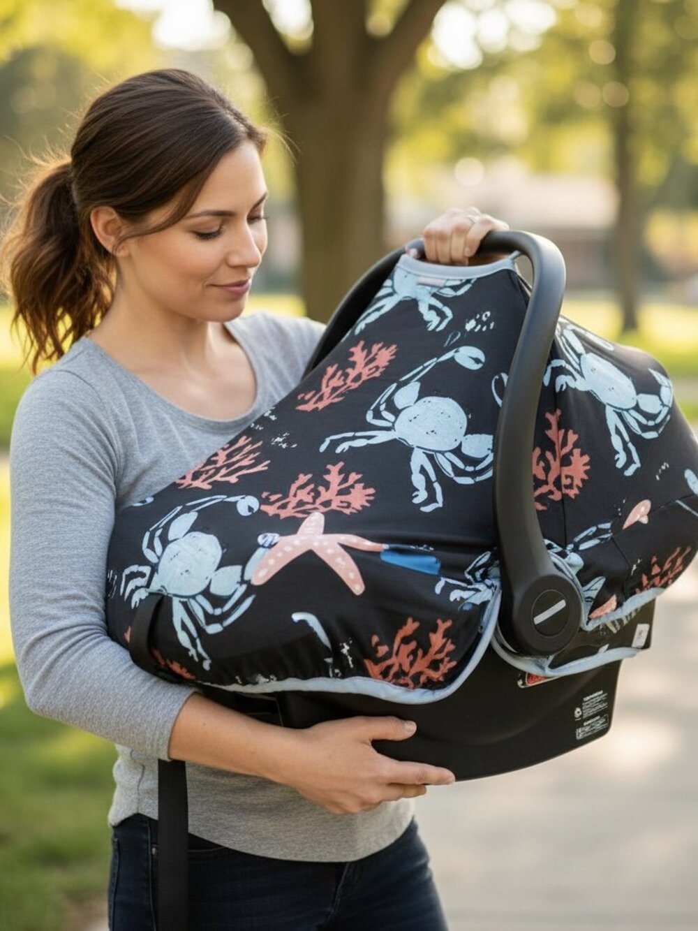 Māmatepe Baby Car Seat Cover – Sunshade | Blue Coral Pattern | New in Box